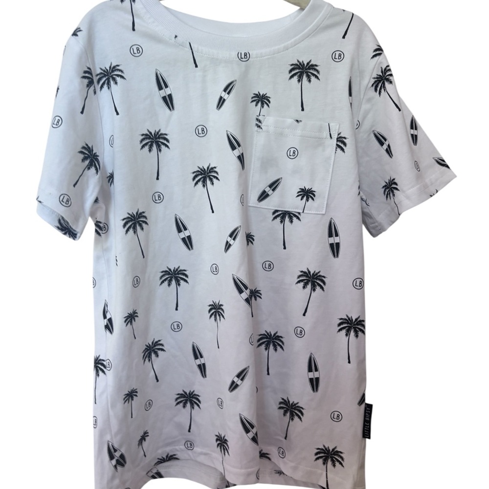 White T-Shirt with Palm Tree and Surfboard Print Little Bipsy